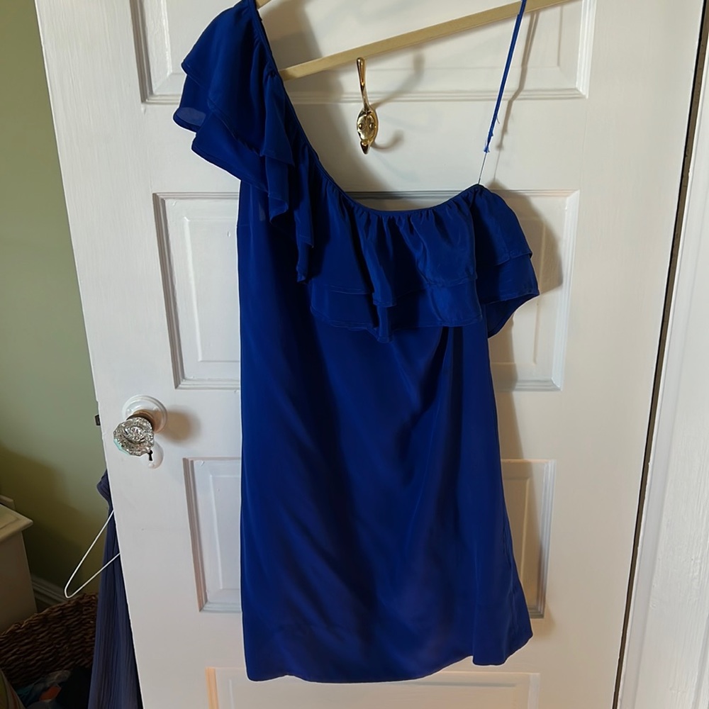 Topshop 100% silk blue one shoulder ruffle cocktail dress - good condition!